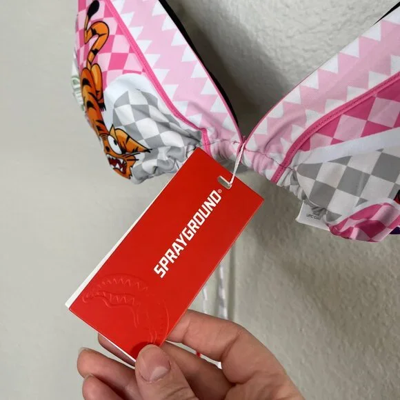 Sprayground Womens Triangle WTF Art Bikini Top Pink Tiger & Flame Print Size L - Picture 5 of 10